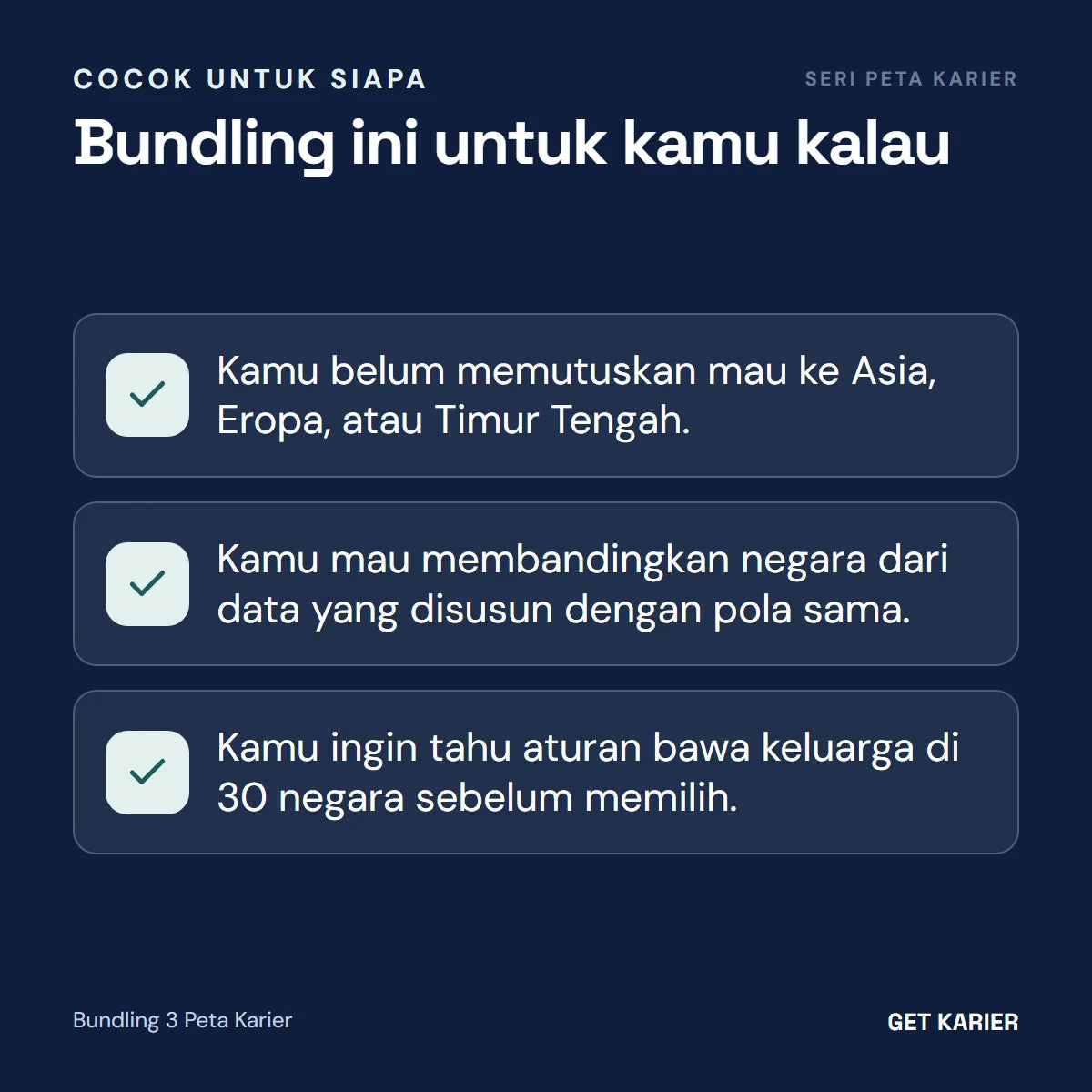 Bundling 3 Peta Karier cocok untuk yang belum memutuskan kawasan tujuan, mau membandingkan negara dengan pola data yang sama, dan ingin tahu aturan bawa keluarga di 30 negara.