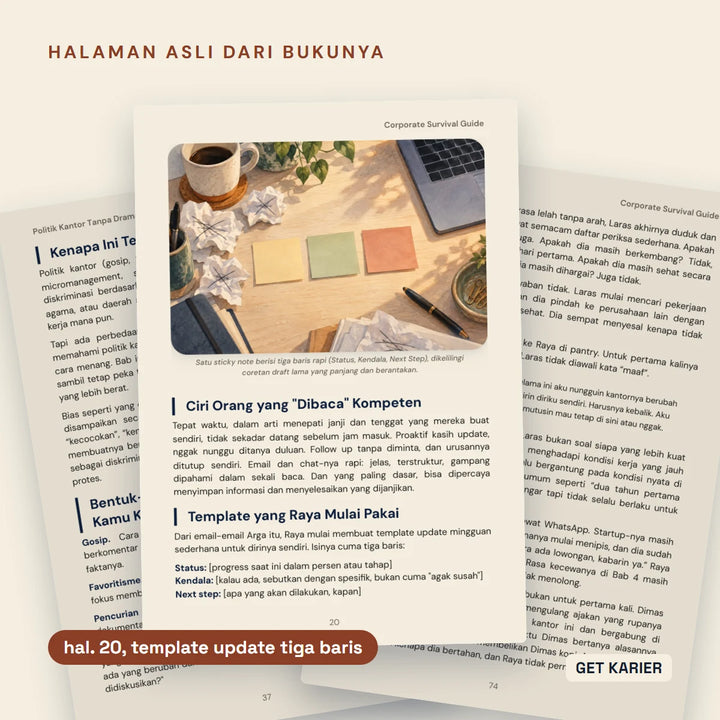 Tiga halaman asli Corporate Survival Guide. Di depan halaman 20, ilustrasi sticky note dan template update mingguan tiga baris.