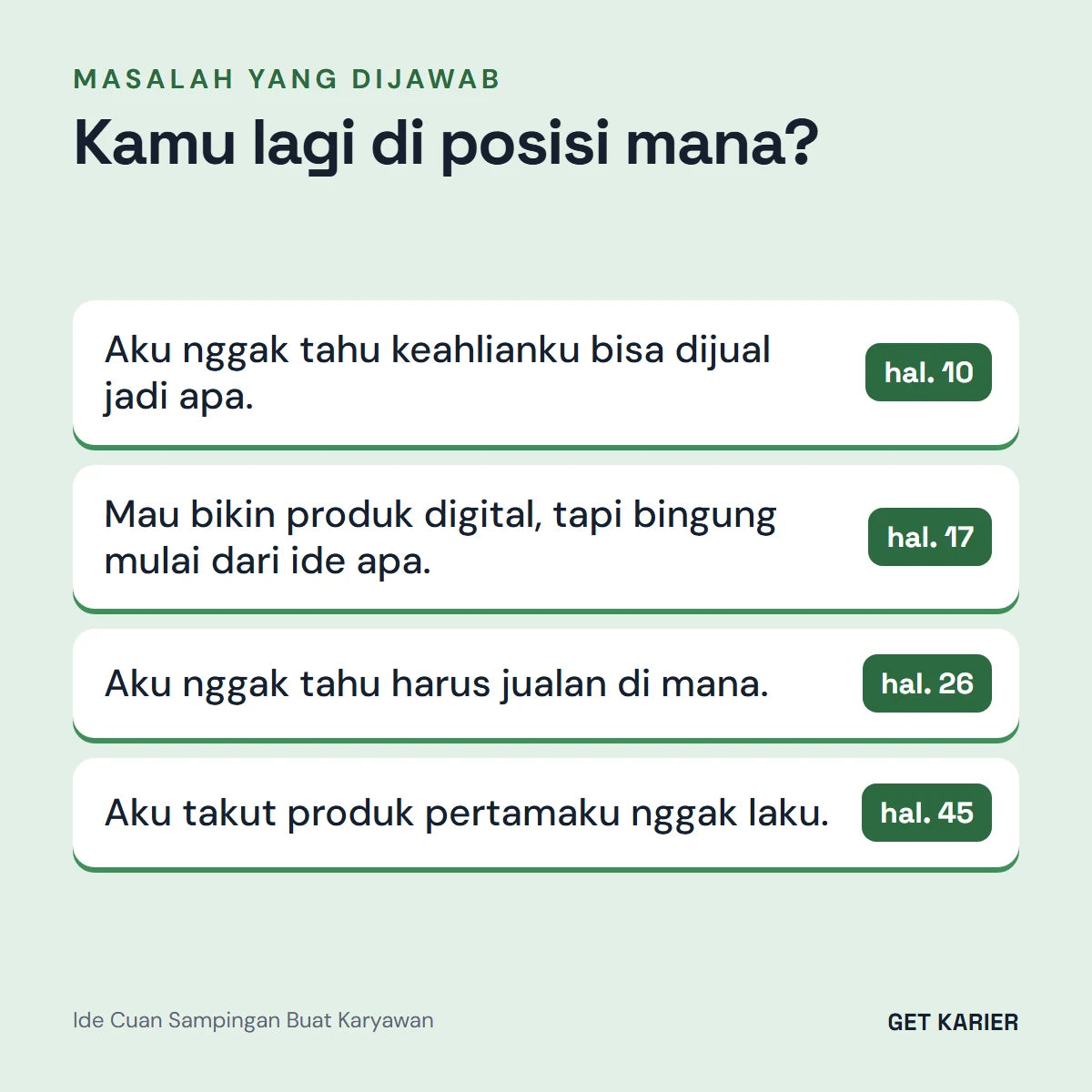 Empat masalah yang dijawab Ide Cuan Sampingan Buat Karyawan: keahlian yang bisa dijual (hal. 10), ide produk digital (hal. 17), tempat jualan (hal. 26), dan takut tidak laku (hal. 45).