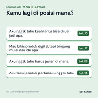 Empat masalah yang dijawab Ide Cuan Sampingan Buat Karyawan: keahlian yang bisa dijual (hal. 10), ide produk digital (hal. 17), tempat jualan (hal. 26), dan takut tidak laku (hal. 45).