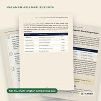 Tiga halaman asli Ide Cuan Sampingan Buat Karyawan. Di depan halaman 30, tabel enam langkah dari validasi ide sampai tes pembelian.