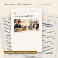 Tiga halaman asli Kitab Karier ke Luar Negeri. Di depan halaman 147, ilustrasi informational interview lewat LinkedIn dari Bab 8.