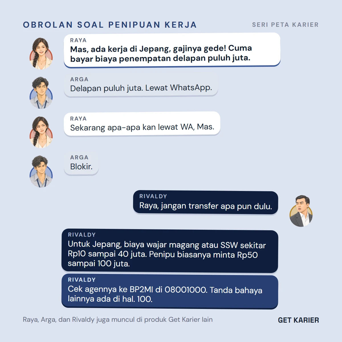 Obrolan Raya, Arga, dan Rivaldy soal tawaran kerja ke Jepang lewat WhatsApp yang meminta biaya penempatan delapan puluh juta rupiah.