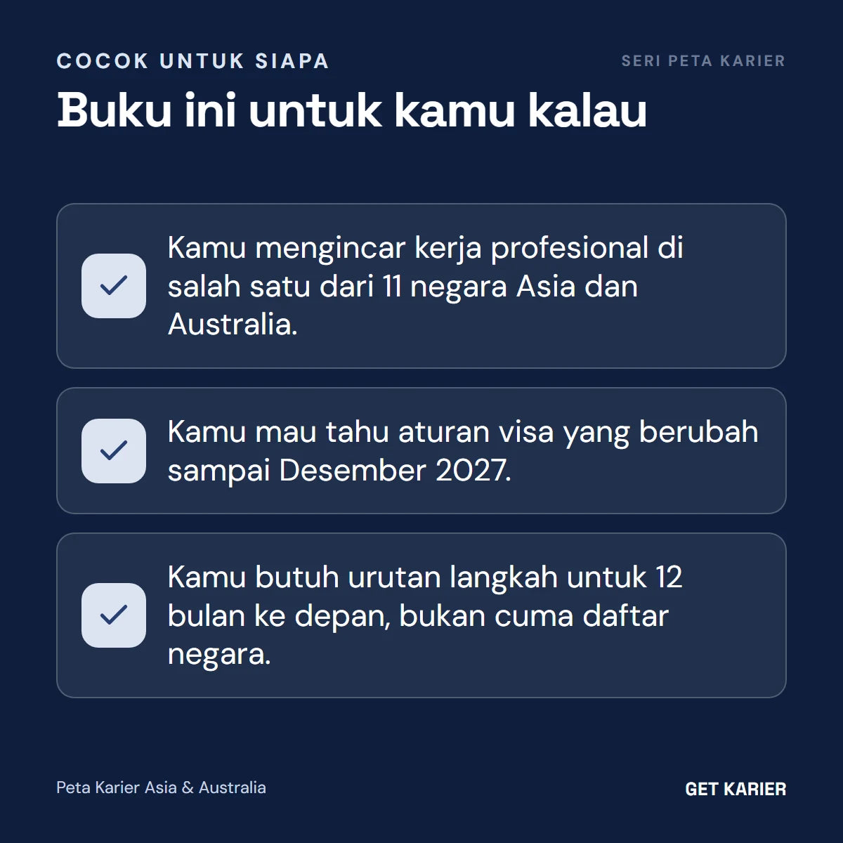 Peta Karier Asia & Australia cocok untuk yang mengincar kerja profesional di 11 negara Asia dan Australia, perlu tahu aturan visa sampai Desember 2027, dan butuh rencana 12 bulan.