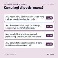Empat masalah yang dijawab Peta Karier Eropa & UK: sisa gaji tiap kota (hal. 78), biaya sekolah anak (hal. 82), syarat potongan pajak pendatang (hal. 88), dan pengakuan ijazah (hal. 99).