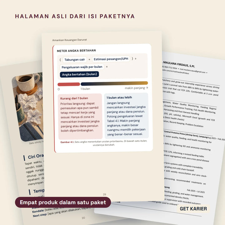 Halaman asli dari isi Starter Pack Naik Karier: rumus dana bertahan dari Career Emergency Kit, template update dari Corporate Survival Guide, dan contoh CV dari 99 CV Siap Pakai.