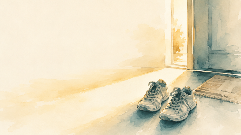 Ilustrasi Bab 2 - sepatu di depan pintu, cahaya pagi