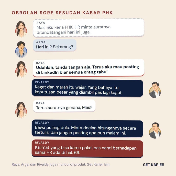 Obrolan Raya, Arga, dan Rivaldy sesudah Raya kena PHK dan diminta tanda tangan hari itu juga.