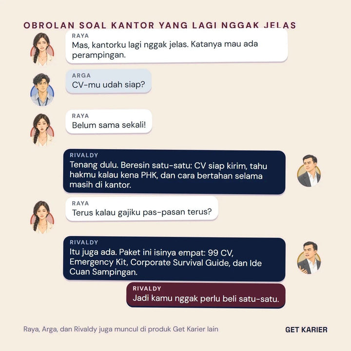 Obrolan Raya, Arga, dan Rivaldy soal kantor yang akan melakukan perampingan dan CV yang belum siap.