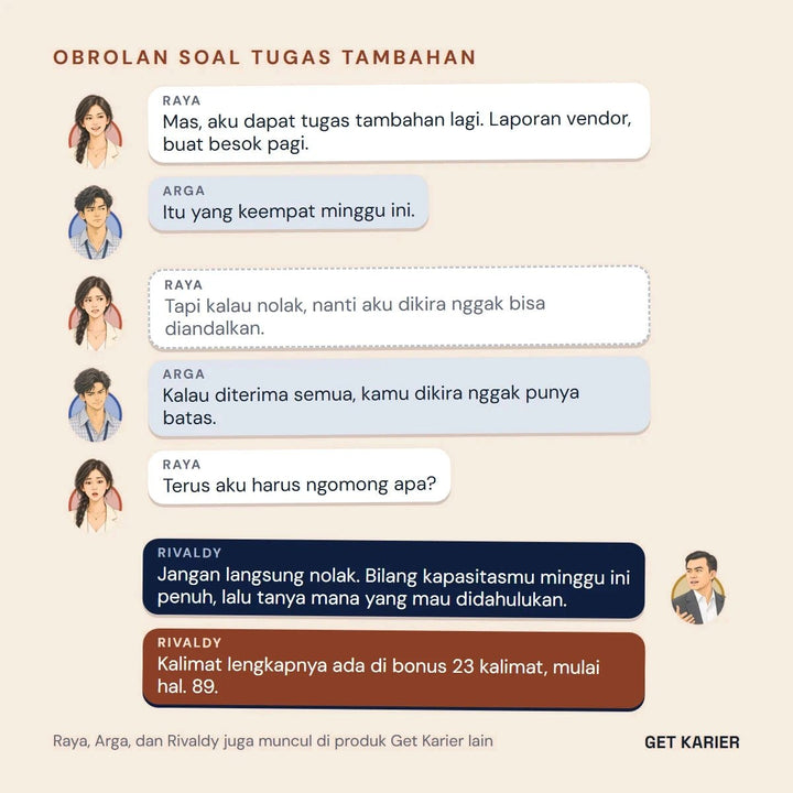 Obrolan Raya, Arga, dan Rivaldy soal tugas tambahan keempat dalam seminggu dan cara menolaknya dengan sopan.