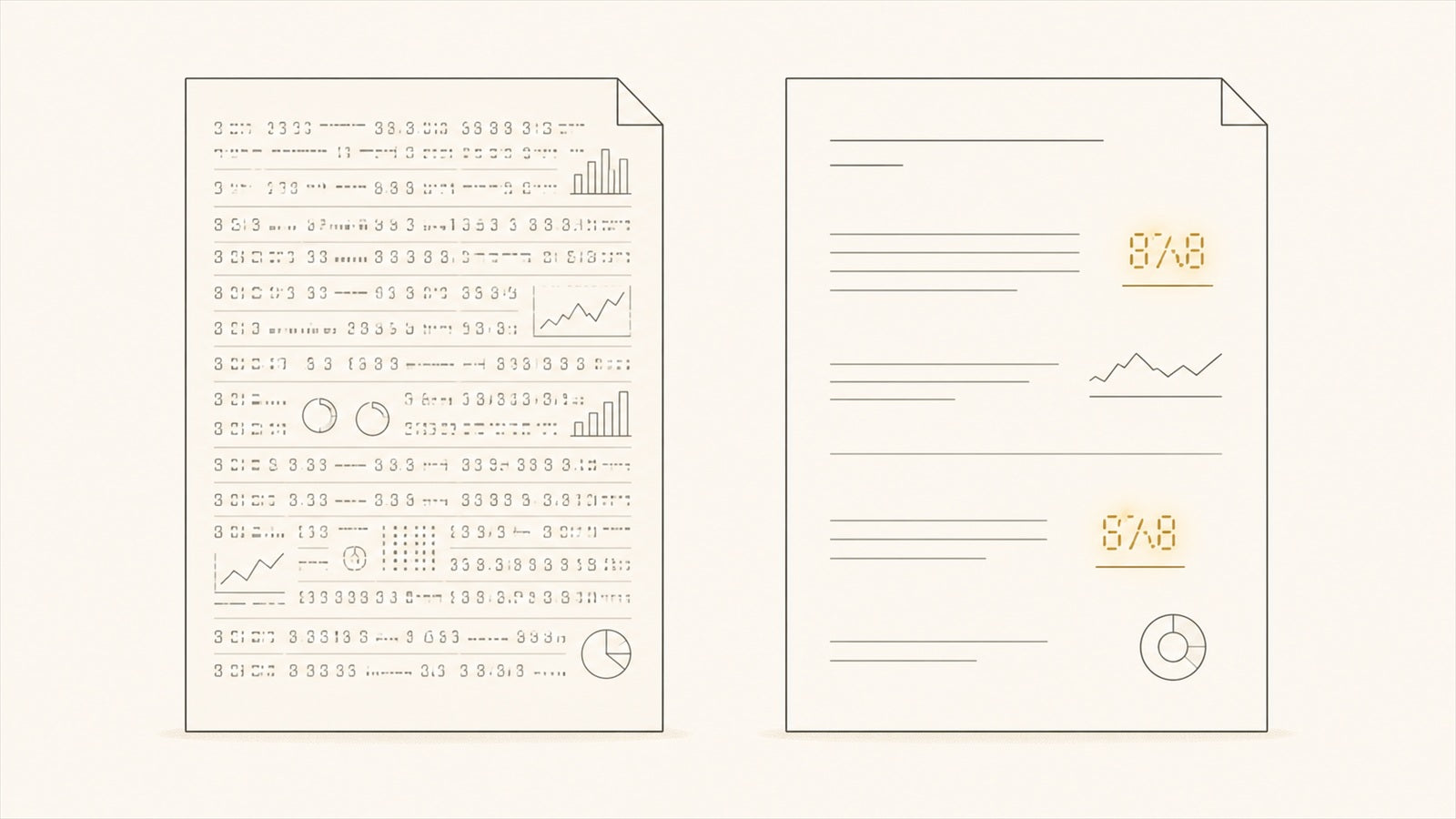 Dua halaman CV bersebelahan. Yang kiri penuh angka dan grafik kecil sampai terlihat rata, yang kanan hanya punya dua angka yang menonjol dengan warna emas.